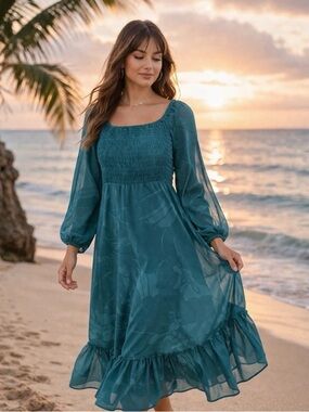 Taylor women’s S teal flowy floral peasant sleeves smocked boho chic maxi dress